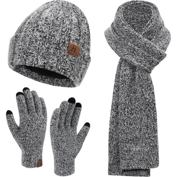 Women's Black Warm Knit Beanie Hat Touchscreen Gloves Long Neck Scarf Set - Picture 1 of 7